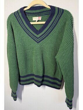 Hazel Moon Womens XL Green/Blue Cropped V Neck Sweater Preppy Academia Varsity